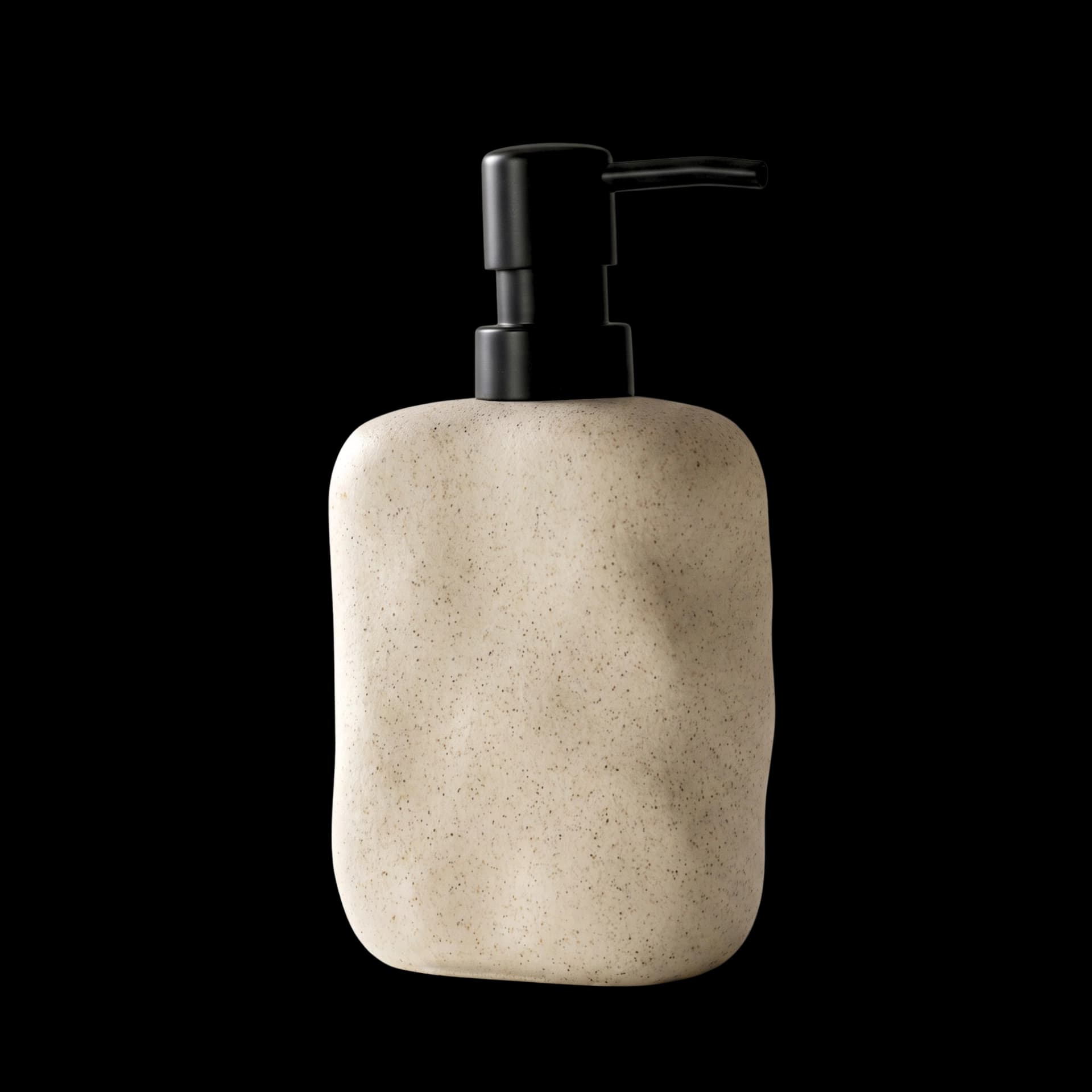 Beige ceramic soap dispenser with matte black pump for the Maison Celune bathroom ritual.