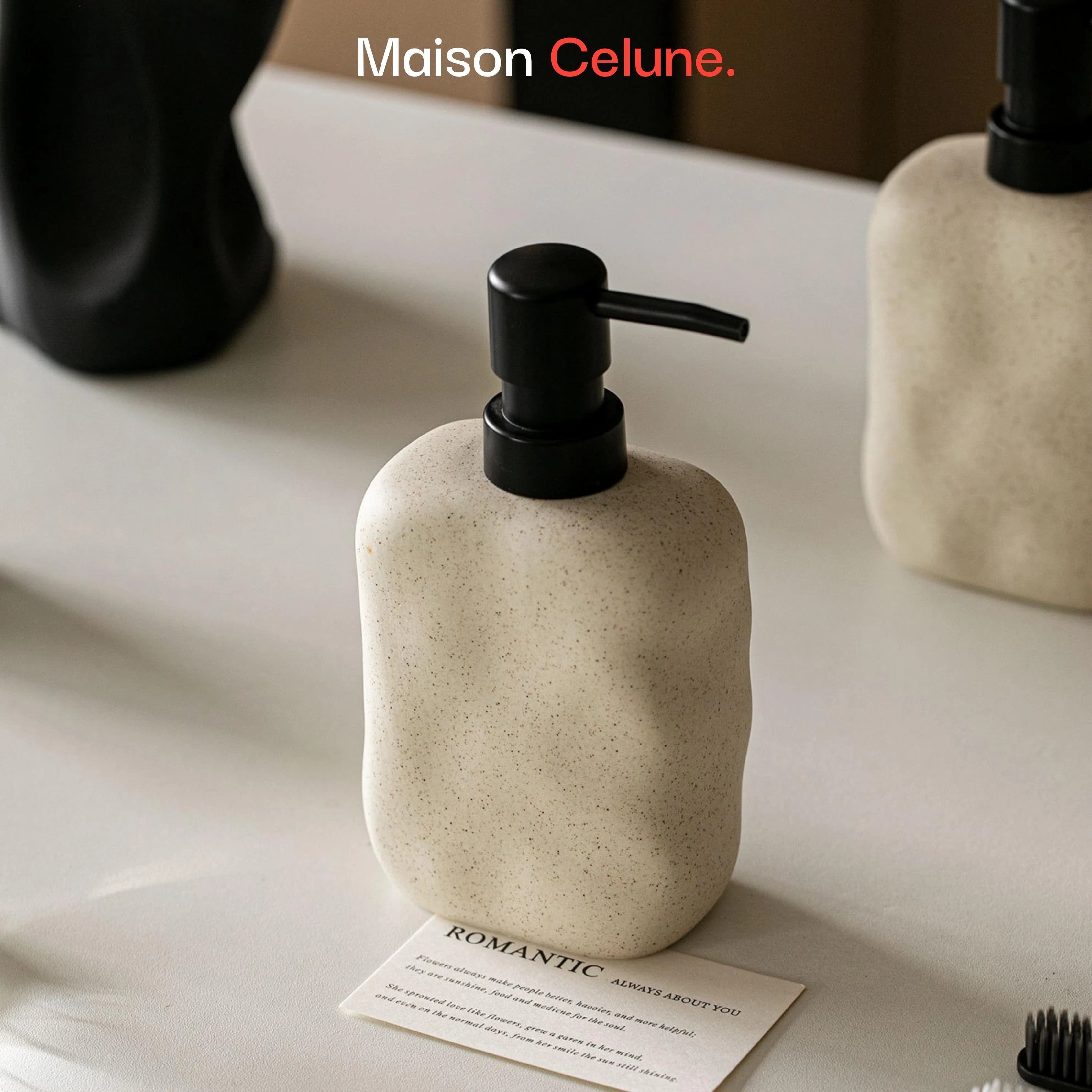 Maison Celune Beige Ceramic Soap Dispenser with Matte Black Pump 440ml for Bathroom Bottles - gallery image 6