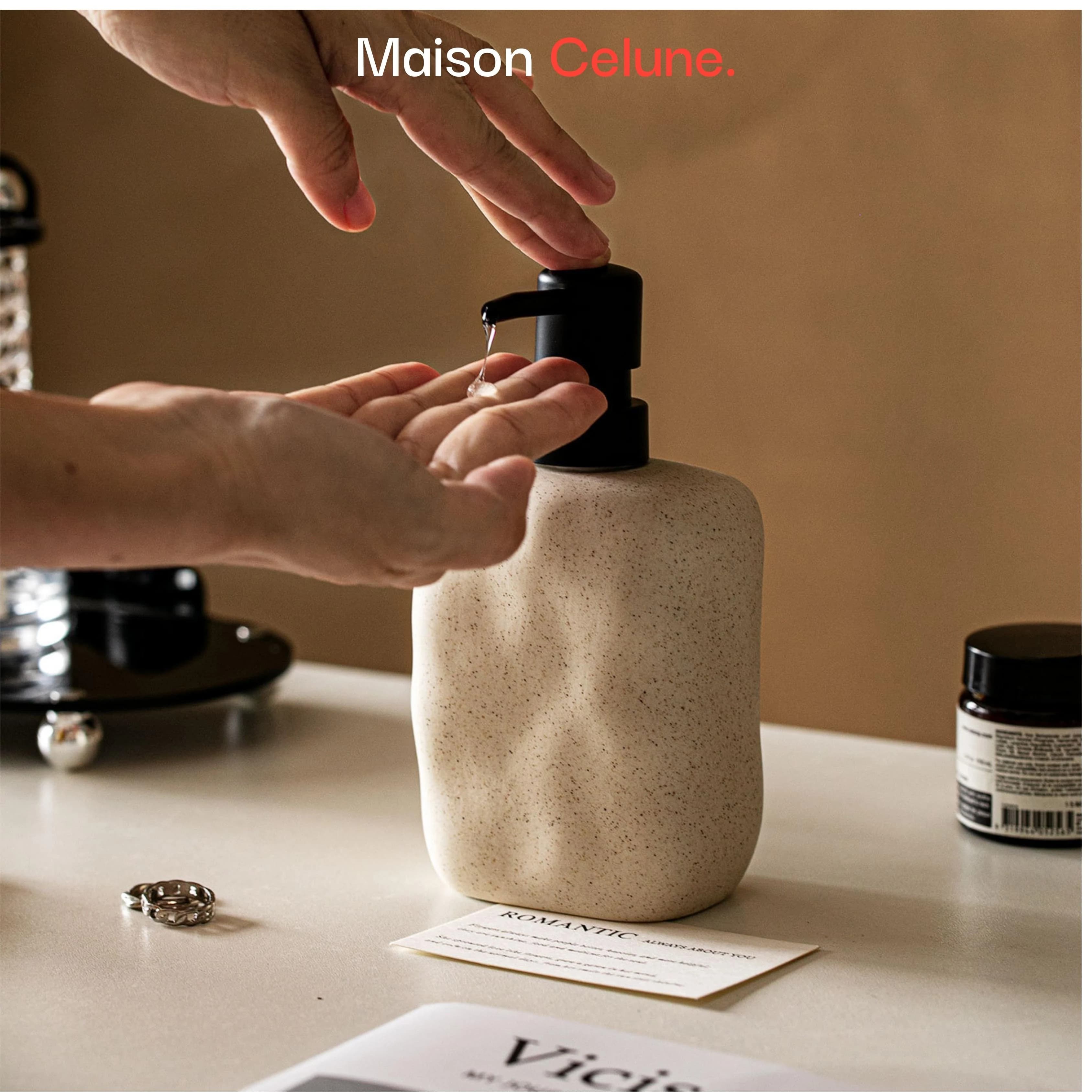 Maison Celune Beige Ceramic Soap Dispenser with Matte Black Pump 440ml for Bathroom Bottles - gallery image 5