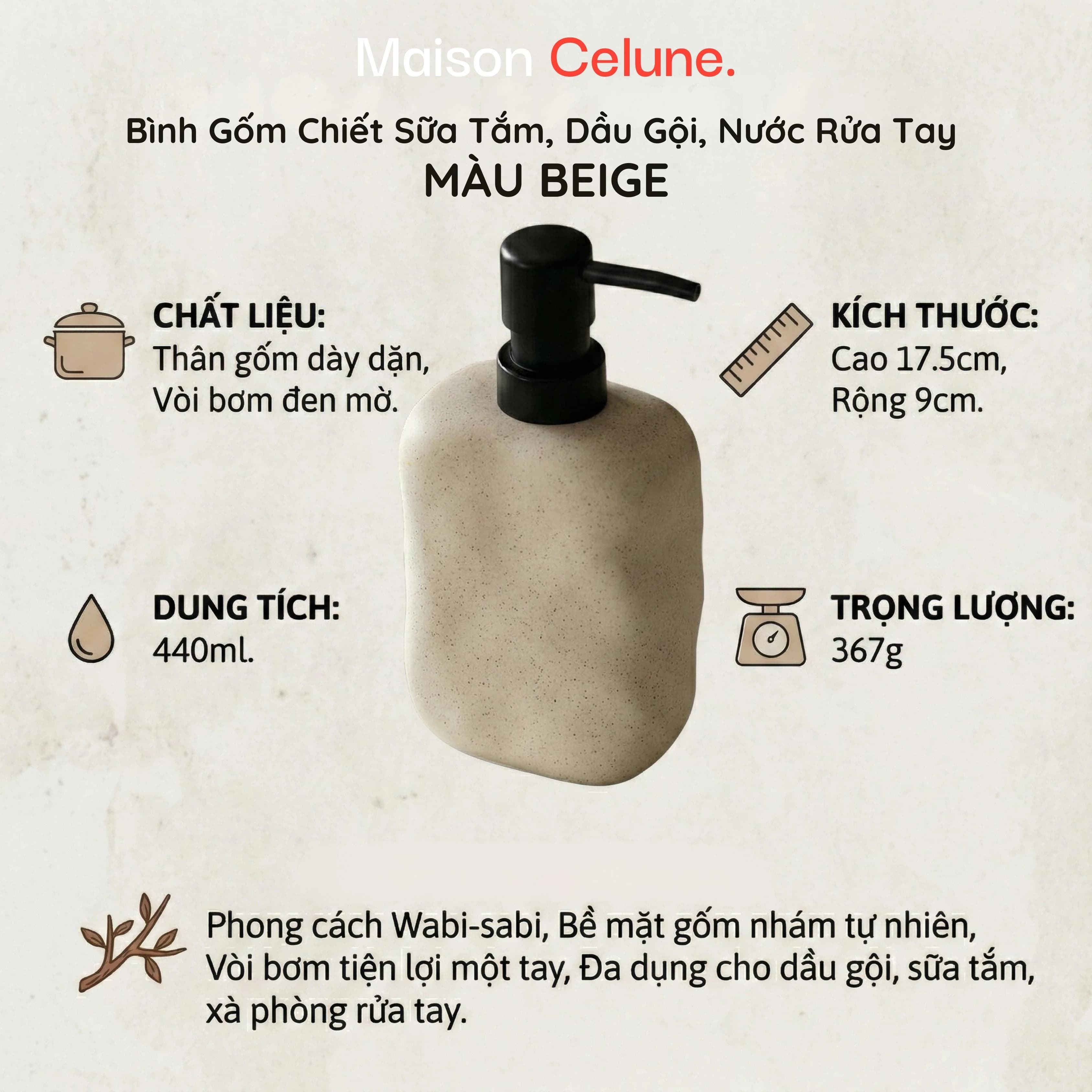 Maison Celune Beige Ceramic Soap Dispenser with Matte Black Pump 440ml for Bathroom Bottles - gallery image 2